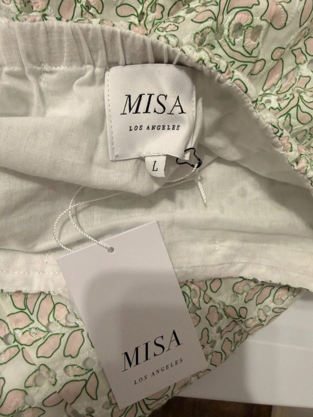 NWT Misa Los Angeles green, white, and pink eyelet maxi skirt